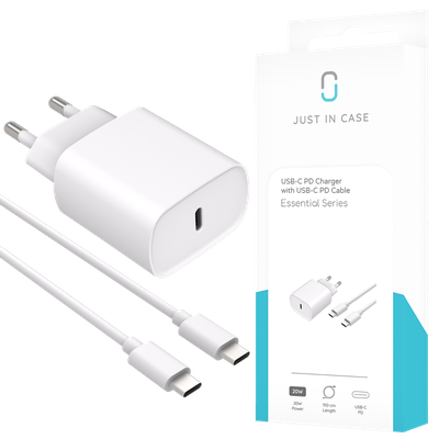 Essential 20W USB-C PD Adapter + USB-C PD Cable - 150cm - White Essential 20W USB-C PD Adapter + USB-C PD Cable - 150cm - White